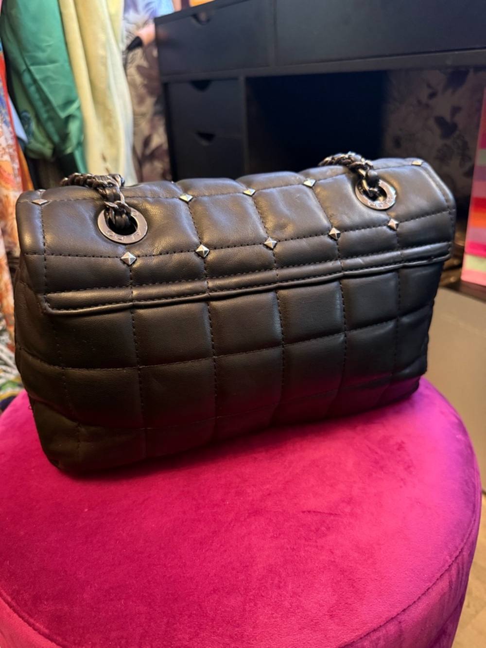 Aldo Black Quilted Studded Chain Shoulder Bag - Picture 3 of 10